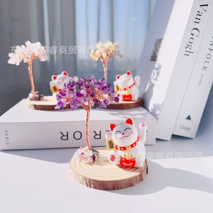 Arbre à Monnaie en Cristal Naturel avec Chat Porte-Bonheur sur Base en Bois, Décoration d'Intérieur, Cadeau d'Affaires - Product Image 1