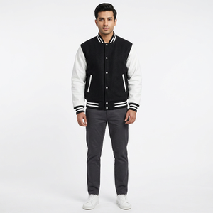 Custom Varsity <b>Jacket</b> <b>Men</b> Black <b>White</b> Contrast Sleeves Baseball Style College Letterman Bomber Streetwear Outerwear Stand Front - Product Image 1