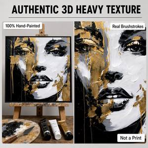 <span class=keywords><strong>Peinture</strong></span> à l'huile <span class=keywords><strong>abstraite</strong></span> de portrait de femme africaine avec des éclaboussures dorées, <span class=keywords><strong>noir</strong></span>, blanc, <span class=keywords><strong>or</strong></span>, visage expressif, décoration murale pour les intérieurs - Product Image 3