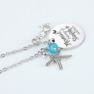 Mer Plage Sirène Lettrage En Acier Inoxydable Sirène Étoile De Mer Étoile De Mer Pendentif Rond Collier "Sirène Bisous & Étoile De Mer Souhaits" - Product Image 3