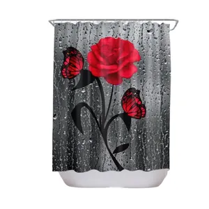 花卉浴室4 pcs浴帘套装，带地毯浴垫U和马桶垫红玫瑰浴帘套装