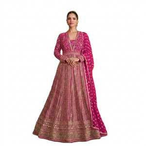 Elegant Women's Pink Embroidered Anarkali Lehenga Set 3-Piece Full Length V-Neck <b>Top</b> Dupatta Striped Pattern Handwork Design - Product Image 1