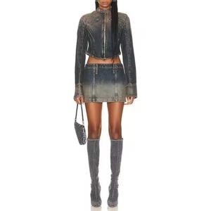Ensemble de jeans en denim pour femmes de haute qualité, comprenant une veste courte sexy à fermeture éclair et une jupe trapèze en denim délavé à l'acide, style costume pour femmes - Product Image 4