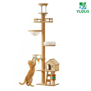 Pohon Kucing Kayu Tinggi dari Lantai hingga Plafon dengan Mangkuk Akrilik dan Tiang Garukan Sisal untuk Kucing di Dalam Ruangan - Product Image 1