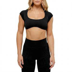 T-shirt court à motif estival très tendance, col rond, en toile, manches longues, séchage rapide, respirant, écologique, pour femme, idéal pour l'entraînement - Product Image 1