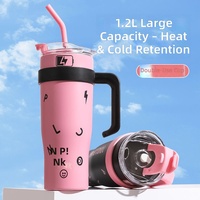 Nouvelle tasse isotherme en acier inoxydable noir et rose pour thé glacé, grande capacité avec poignée et paille, 40 oz, pour voiture