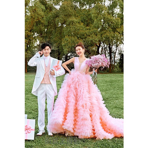Pink Ball Gown Wedding Dress Sweetheart Neckline Tulle Fabric Natural Waistline Trailing Skirt Candy Color Style - Product Image 3