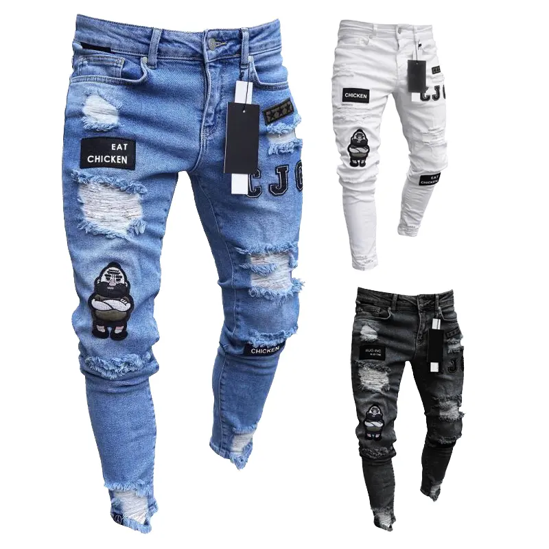 Fabricación Dropship Zipper Fly Closure Hombres Skinny Slim Fit Ripped Stretch Jeans