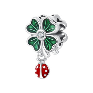 S925 Sterling Silver Green Enamel Clover Bead <b>Red</b> Ladybug Dangle Charm Center CZ Fit Snake Chain <b>Bracelet</b> Women Lucky Gift - Product Image 1