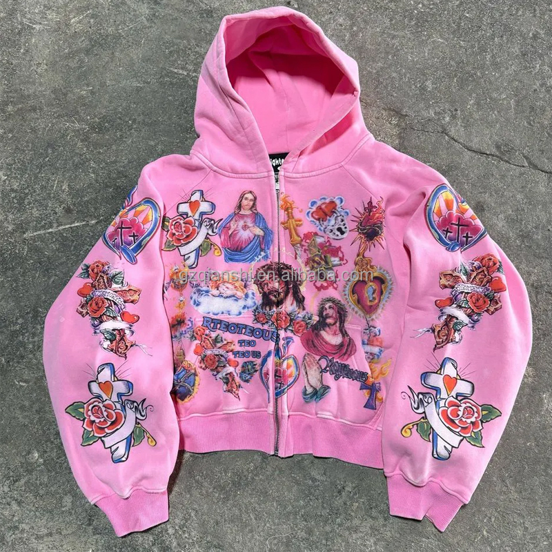 Graphic Zip Up Hoodie Men's Oversized Cotton Streetwear - Main Image