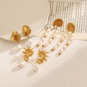 Pearl <b>Tassel</b> Drop <b>Earrings</b> Gold Plated Stainless Steel Ocean Style Party Jewelry - Product Image 2