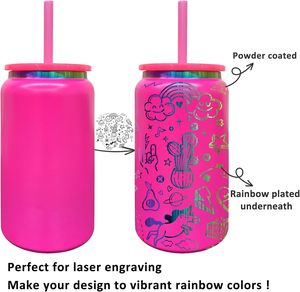 16oz Holographic Under Plated Mason <b>Cup</b> <b>with</b> <b>Straw</b> Stainless Steel Can Double Walled Insulated Tumbler for Laser Etched Tumblers - Product Image 3