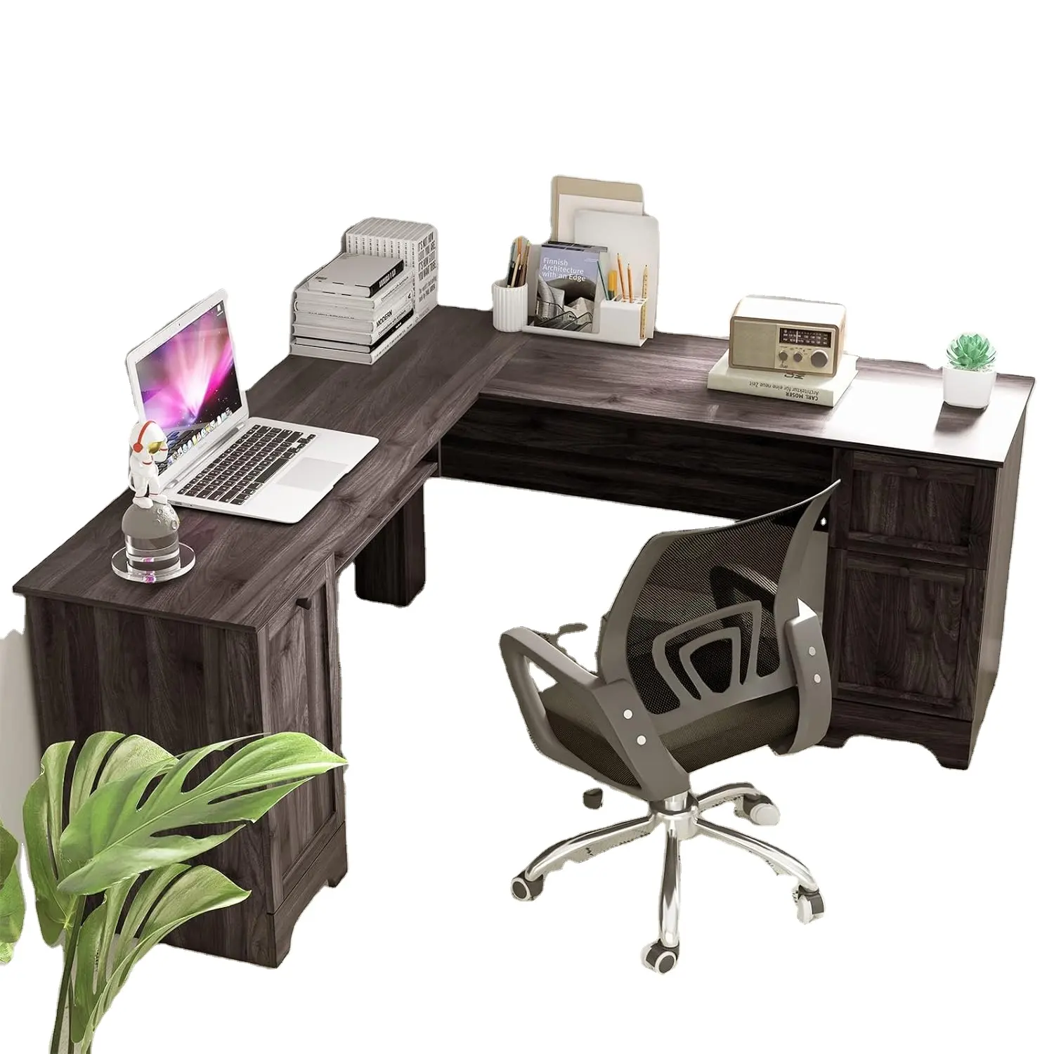 Bureau en forme de L avec tiroirs de rangement et plateau à clavier, bureau d'ordinateur d'angle pour bureau à domicile avec armoire