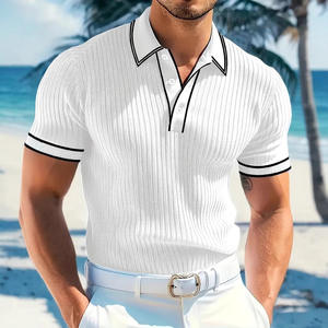 26 Cross Border Polo pour homme à manches courtes, d'été, rayé, col rabattu boutonné, style décontracté, avec bordure blanche en tricot côtelé - Product Image 2