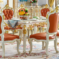 Table à manger rectangulaire en marbre européen, combinaison de chaises en bois massif de luxe, peinture blanche dorée pour la maison, salon