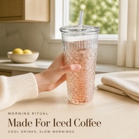 Gelas Embossed dengan Tutup Kaca dan Sedotan Motif Sisik Ikan, Cangkir Kopi Dingin, Gelas Minum Reusable untuk Minuman Dingin