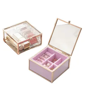 新款10x10x5厘米粉色透明玻璃戒指项链首饰盒化妆品口红包装珠宝收纳盒