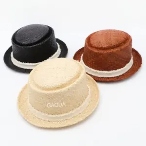 D D New Bulk Simple Handmade Raffia Straw Hat Natural Pork Pie Hat With Flat Top For Unisex Boater Hat