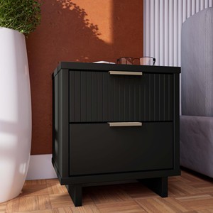 Nightstand In Black With Vertical Panel Design And Bronze Handles Modern Bedroom <b>Storage</b> <b>Drawer</b> Unit - Product Image 2