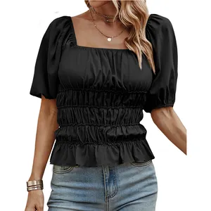 Top qualité élégant manches bouffantes plissé mignon Blouse filles dames dernier Design Top pour femmes