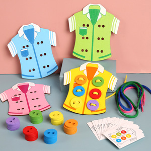 Vestiti educativi fai-da-te forma filo giocattolo in legno bambini scuola materna abilità di vita apprendimento 4 pezzi bottoni da cucire gioco - Product Image 2