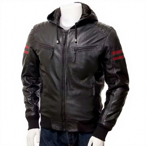 Chaqueta de Cuero Genuino para Hombre, con Capucha, Franja Roja en las Mangas, Estilo Bomber, Detalles en Tejido de Punto, Diseño Clásico, Abrigo Cálido de Invierno - Product Image 1