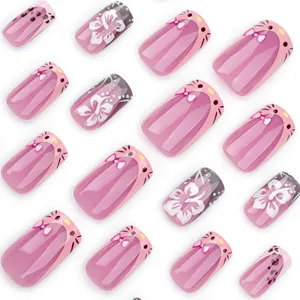 Nuevas <span class=keywords><strong>Uñas</strong></span> <span class=keywords><strong>Postizas</strong></span> Francesas Puntiagudas <span class=keywords><strong>para</strong></span> Mujeres y <span class=keywords><strong>Niñas</strong></span>, Diseño Cuadrado Mediano con Flores 3D, <span class=keywords><strong>Uñas</strong></span> <span class=keywords><strong>Postizas</strong></span> con Caja - Product Image 4