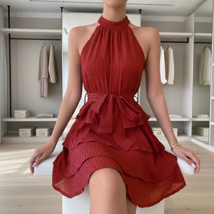 Abito Sexy Casual da donna estivo su misura con cintura rossa appesa al collo arricciata con orlo basso senza maniche abito senza maniche intrecciato naturale - Product Image 1