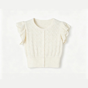 Suéter de punto con encaje para mujer de Dalang Sweater Factory, top corto ajustado de manga corta con aberturas, cárdigan transpirable a la moda - Product Image 1