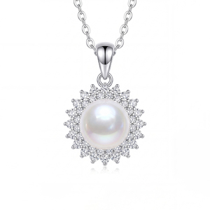 <b>Copper</b> Sunburst Double CZ Halo Freshwater Pearl Pendant Necklace Radiant Sun Cluster Bridal Jewelry for Women - Product Image 1