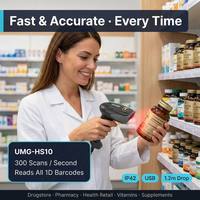 Lecteur de codes-barres 1D USB robuste UMG-HS10 IP42, résistant aux chutes de 1,2 m, portable, pour pharmacie, épicerie