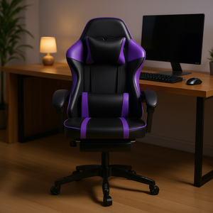 เก้าอี้เล่นเกมปรับระดับได้พร้อมหมอนรองศีรษะหนัง PU เก้าอี้สำนักงานแบบหมุนได้สำหรับผู้ใหญ่และเด็ก - Product Image 2