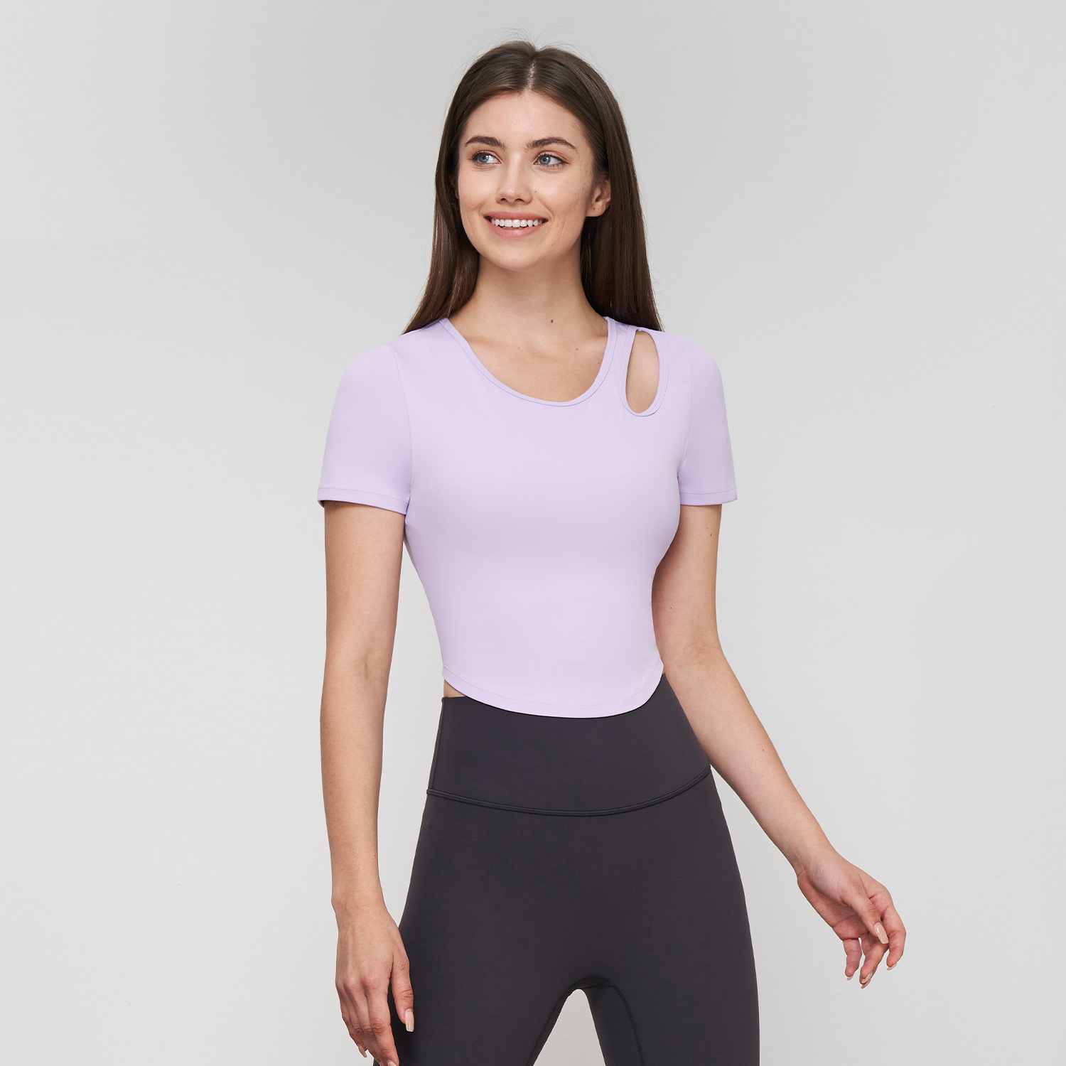 Women's Quick Dry Sports Short Sleeve Yoga Gym Top Breathable Cut-Out Athletic Tee with Built-in Bra for Running Workout