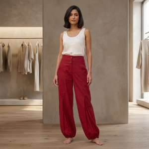 Women's High Waist Wide Leg Red Harem <b>Pants</b> 100% Cotton Loose Fit Full Length Button Regular Fit Casual <b>Summer</b> Style - Product Image 3