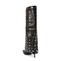 Bottes à talons hauts en cuir noir à bout pointu avec détails dorés, tendance mode 2026, pour femmes, hauteur genou, pliables