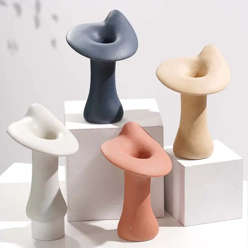 12 Patterns Unique White Beige Blue Pink Mushroom Shape Ceramic Candle Stick Holder