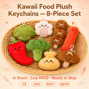 Lot de 8 porte-clés en peluche Kawaii sur le thème de la nourriture : Gâteau de poisson, Boulette de viande, Saucisse, Brocoli, Champignon – Breloques anti-stress pour anniversaire et accessoires de sac - Product Image 3