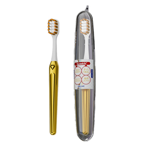Gran oferta, cerdas en espiral personalizadas, cepillo de <span class=keywords><strong>dientes</strong></span> con mango dorado, <span class=keywords><strong>caja</strong></span> de plástico, paquete portátil de viaje, Hotel, cepillo de <span class=keywords><strong>dientes</strong></span> suave de lujo para adultos, OEM - Product Image 1