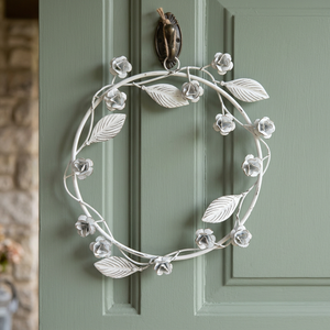 White Metal Floral Wreath Round Handmade Decorative Farmhouse Style Unlit <b>Single</b> Piece - Product Image 2