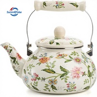 Bouilloire à thé vintage élégante en fonte émaillée à double paroi, motif floral vert, poignée en porcelaine à toucher froid, pour cuisinière domestique et cuisine