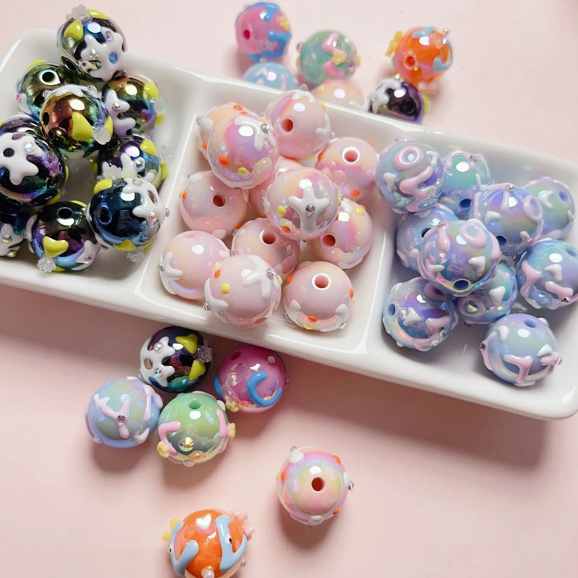 16mm cute hand-painted flower dot acrylic beads diy stylish hand painted round beads for jewelry making