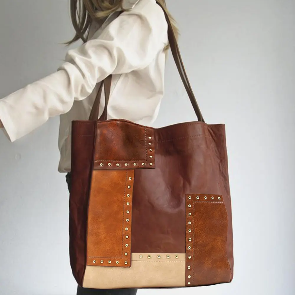 Retro Fashion Rivets Bohemia Patchwork Ladies Bag Vintage Ladies Handbag Pu Oil Wax Leather Women's Tote Bags