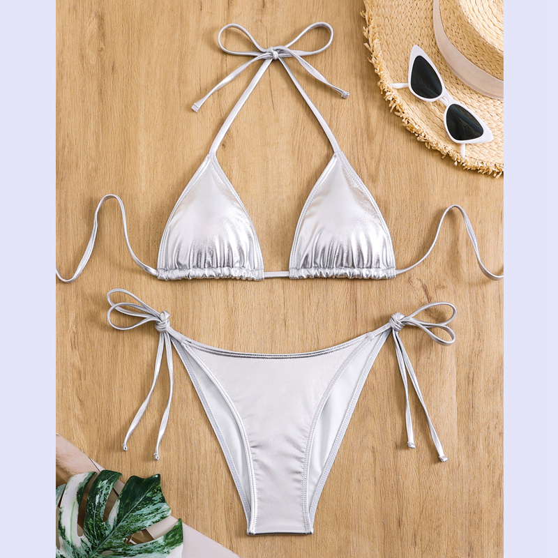 EVELUST Bikini Métallique Pour Femme – Maillot De Bain Rétro Brillant Argenté Doré Maillot De Bain Haut Triangle Avec String à Nouer Sur Le Côté, Or, Small