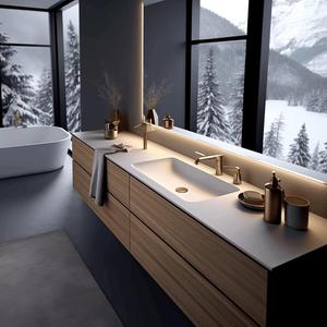 Meuble de salle de bain tout-en-un moderne avec lavabo en céramique en plaque de roche, style bois moderne, pour lavage <span class=keywords><strong>des</strong></span> mains et du visage - Product Image 1