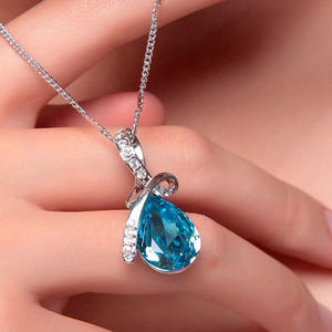 Collier pendentif en forme de larme bleu pour femme XL975, plaqué rhodium, zircone cubique, cadeau classique, à porter tous les jours - Product Image 3