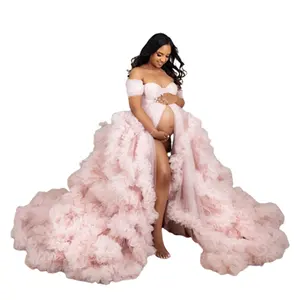 Luxury Women's Tulle Pregnancy Maternity Gown Sheer Ruffled Babyshower Bridal Bathgown Pregnant Dress for Women Photoshoot