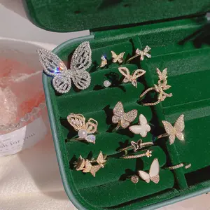 Mode géométrie Zircon papillon anneau ouvert perle femmes multi-couches bague en or minimaliste bijoux accessoires fête
