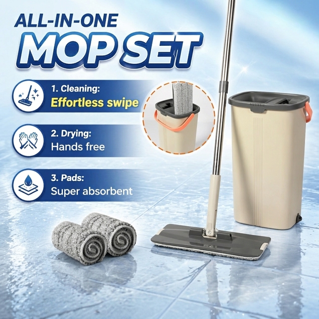 Flat Mop and Bucket Set with Ribbed Design Hands-Free Squeeze Mop for Hardwood Floor Cleaning with 2-Chamber Bucket