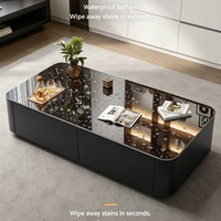 Table basse moderne en verre trempé noir, cadre de rangement en MDF à bords arrondis, facile à nettoyer, résistant aux rayures pour salon, bureau à domicile
