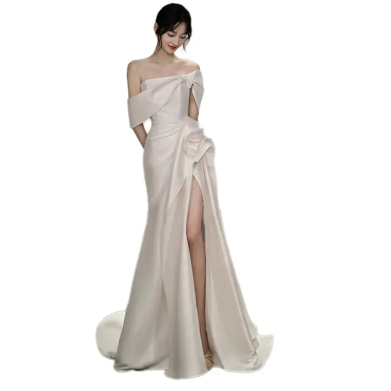 Hot sale french stain luxury wedding dresses customize off shoulder front split sexy photography dresses